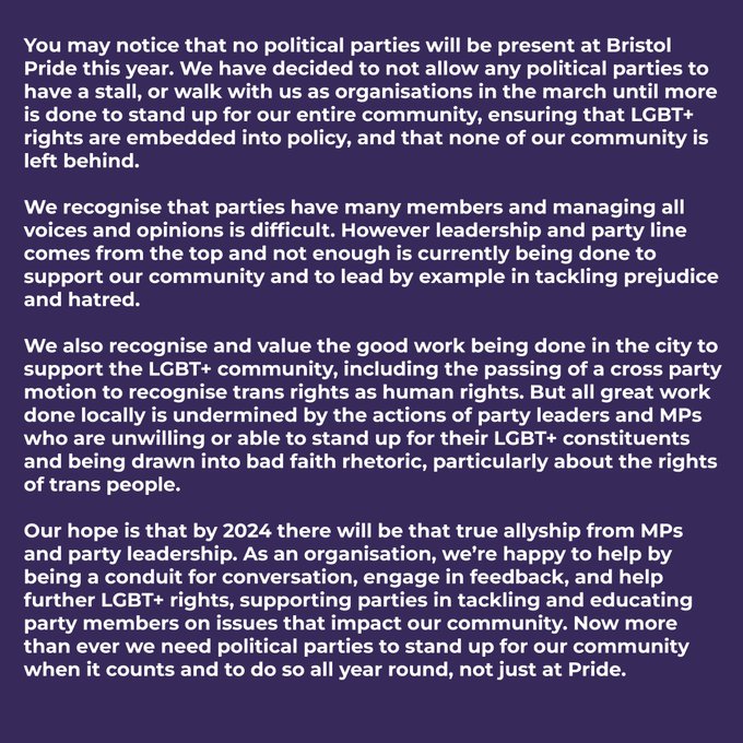 Bristol Pride bans all political parties from attending due to ‘bad-faith rhetoric’