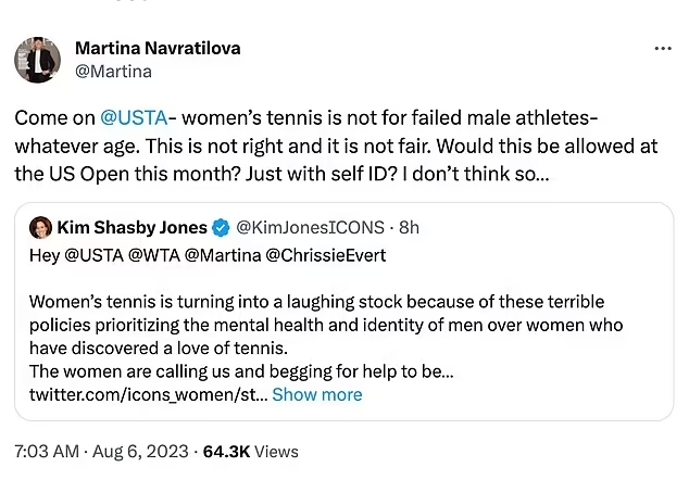 Martina Navratilova blasts US Tennis Association after transgender star Alicia Rowley won women’s national tournament and claims the sport is ‘not for failed male athletes’