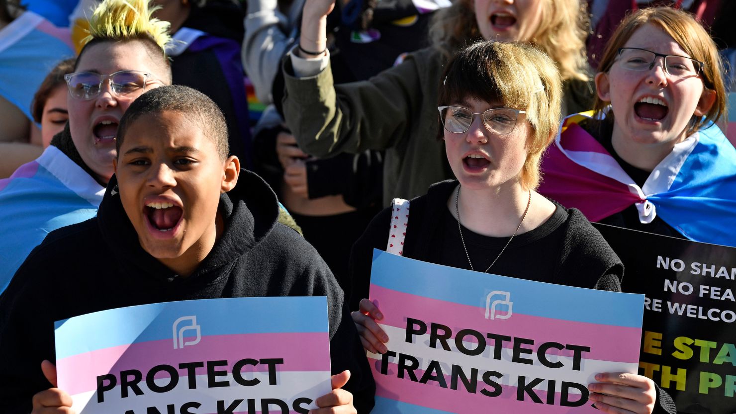 Protesters of Kentucky Senate Bill SB150, known as the Transgender Health Bill, cheer on speakers during a rally on the lawn of the Kentucky Capitol in Frankfort, Ky., March 29, 2023.