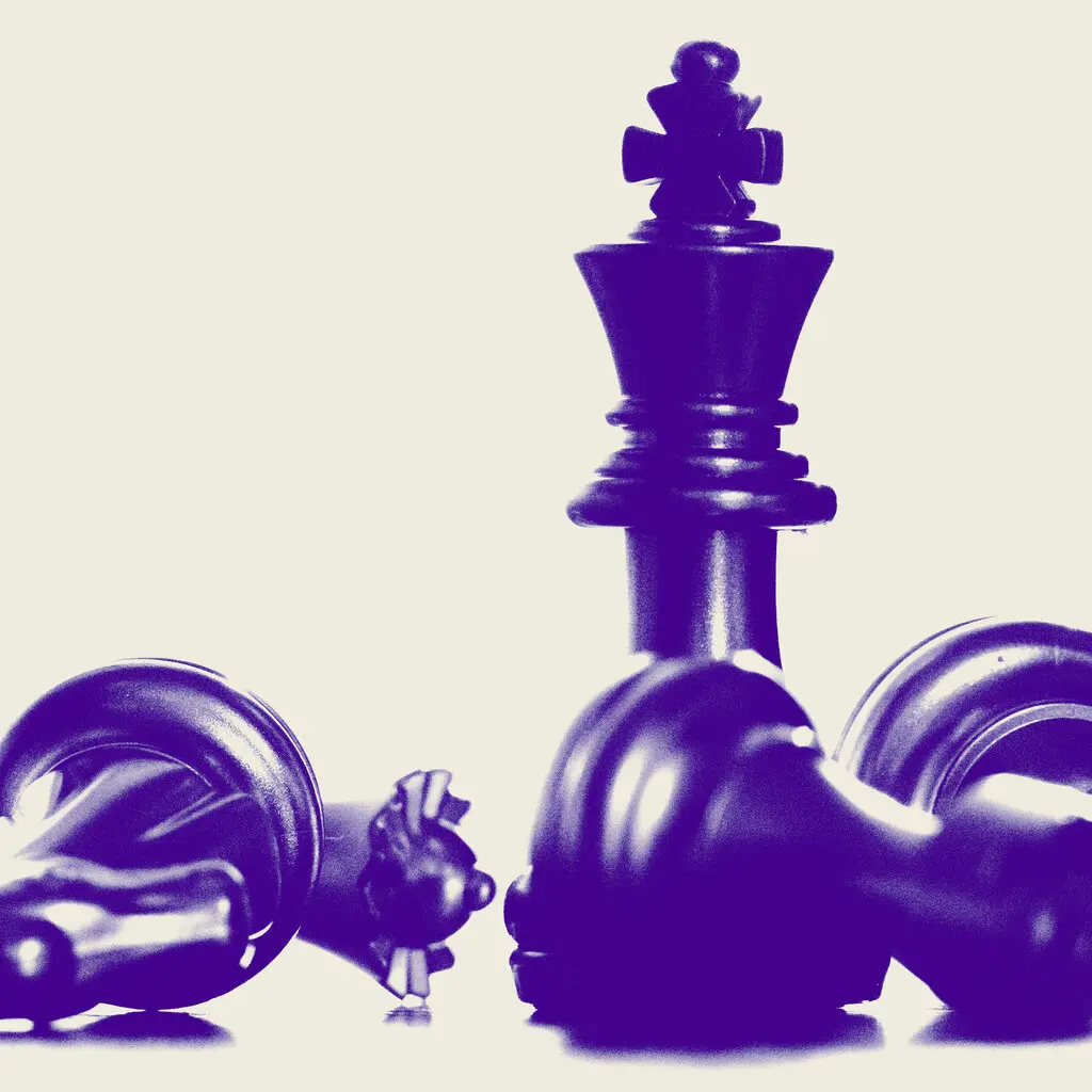 A photo, reproduced in only tan and purple, of fallen chess pieces at the feet of a standing king piece.